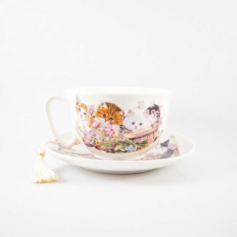A British style cup and saucer set for enjoying your tea or coffee.
