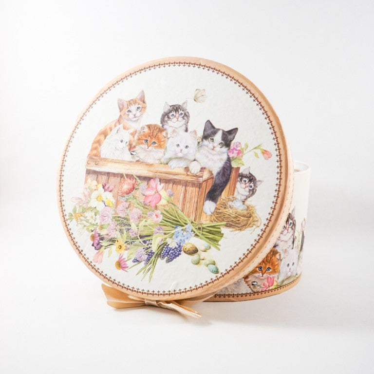 The cup and the saucer set is packed inside a beautiful round gift box, fully printed with kittens picture on the lid and on the side.