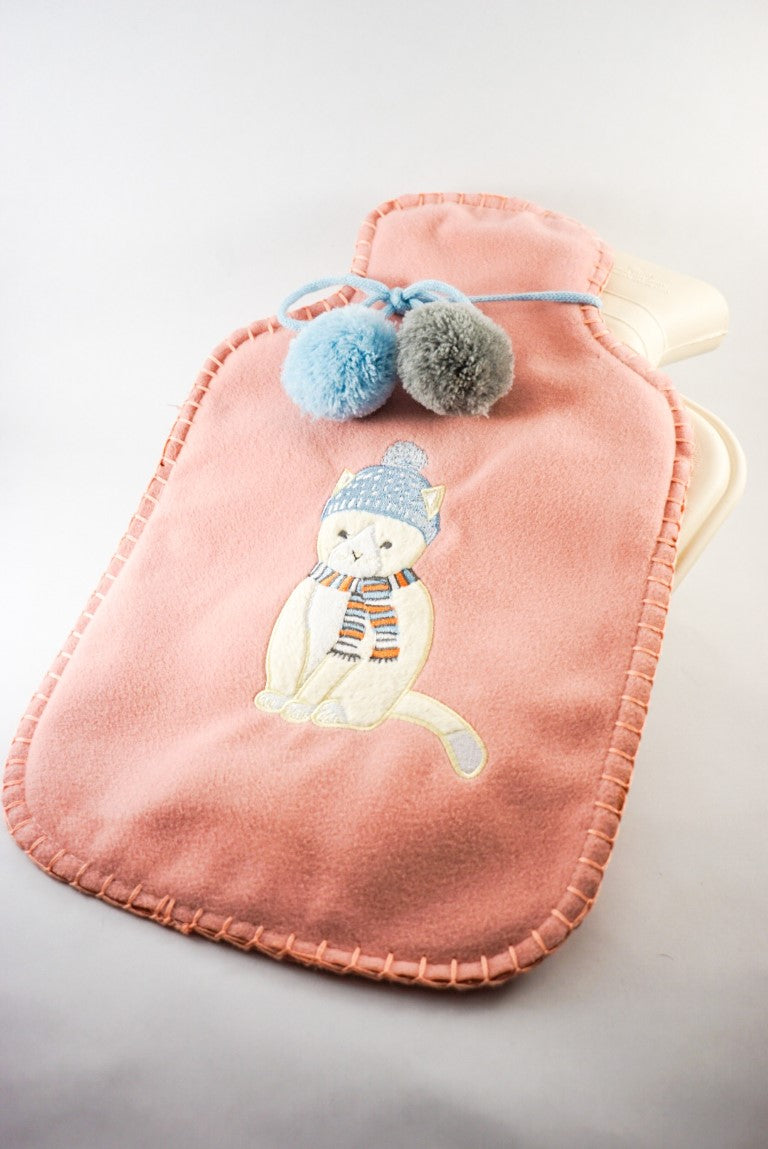 One set consist of a white hot water bottle made out of rubber material and a pink cover made out of flannel material.